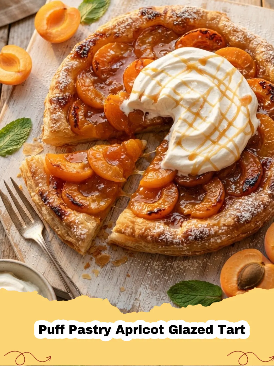 Golden brown Puff Pastry Apricot Glazed Tart with perfectly arranged apricot halves and a shiny glaze, ready to be served.