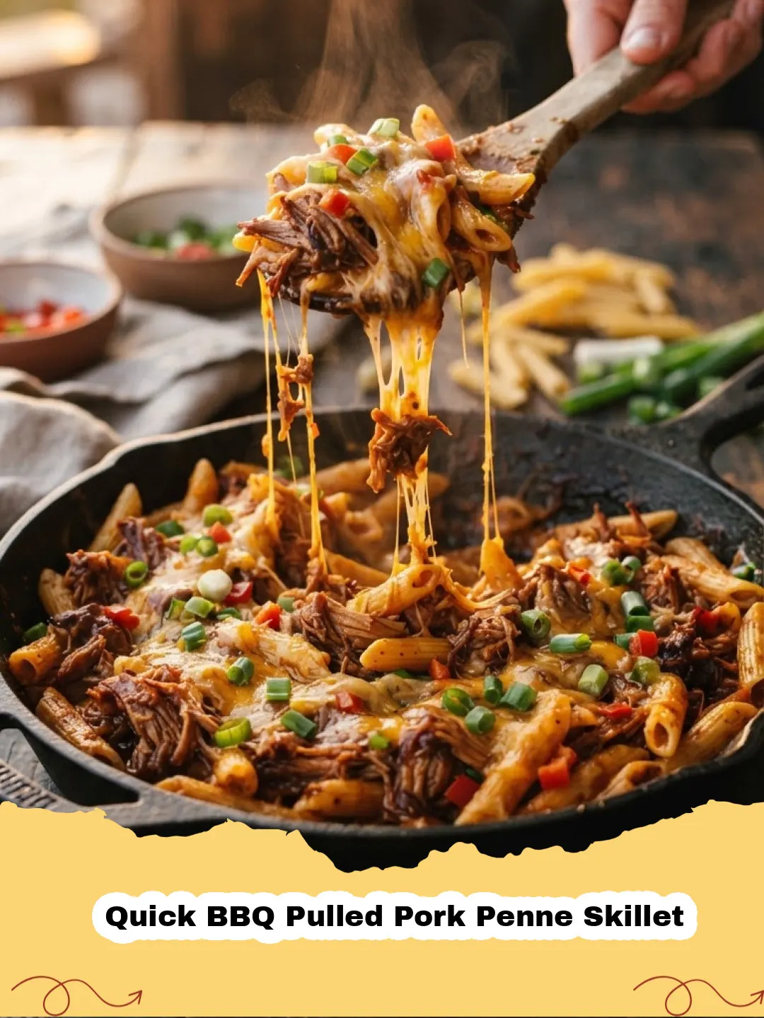 Close-up of Quick BBQ Pulled Pork Penne Skillet in a cast iron skillet, garnished with fresh parsley.