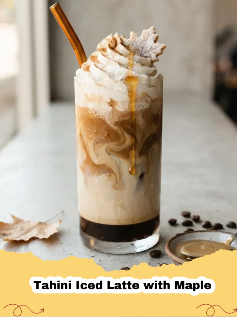 A glass of Tahini Iced Latte with Maple on a wooden surface, garnished with sesame seeds.