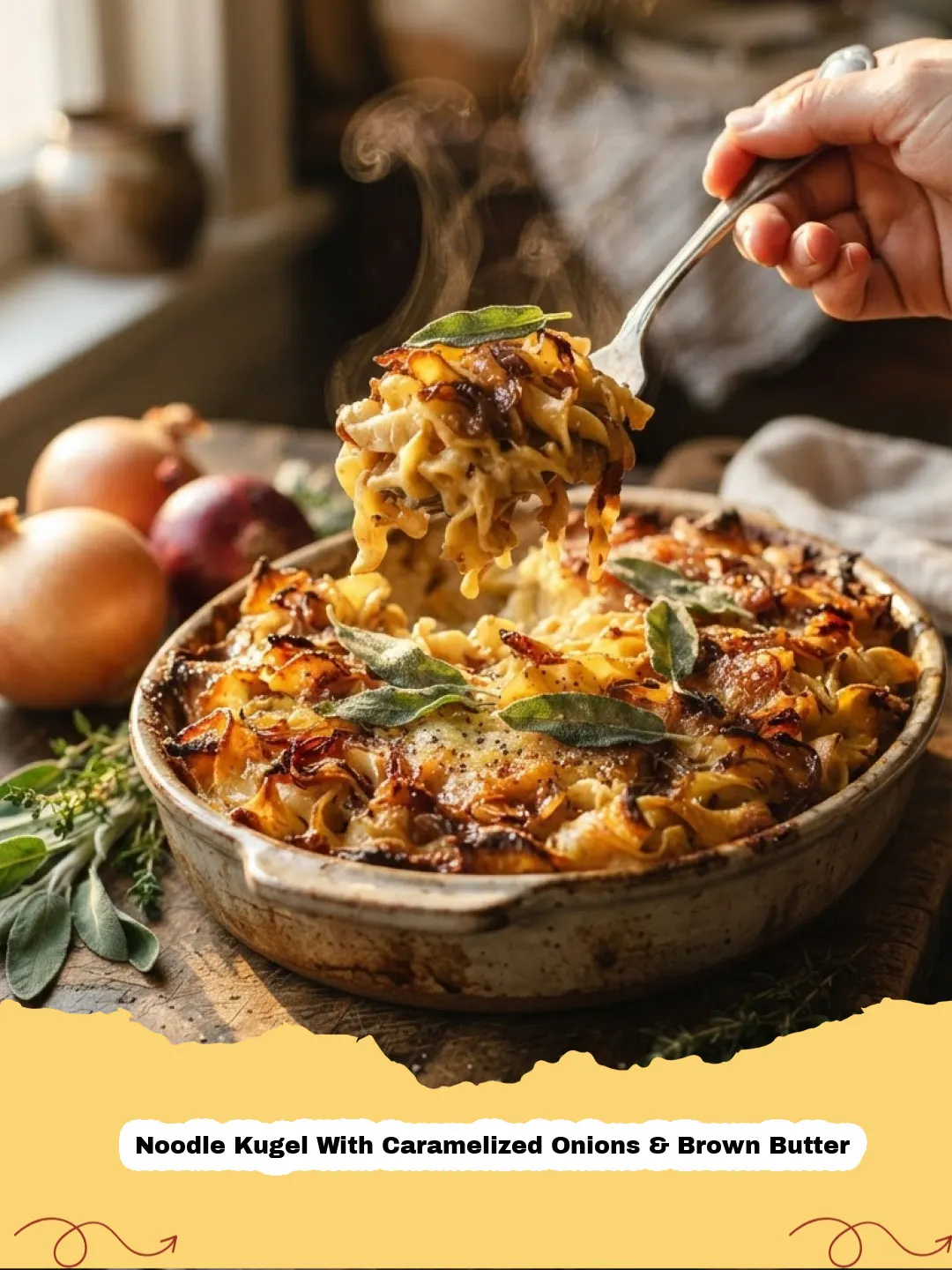 Golden brown Noodle Kugel With Caramelized Onions & Brown Butter in a baking dish, with a slice removed, revealing creamy noodles and onions.