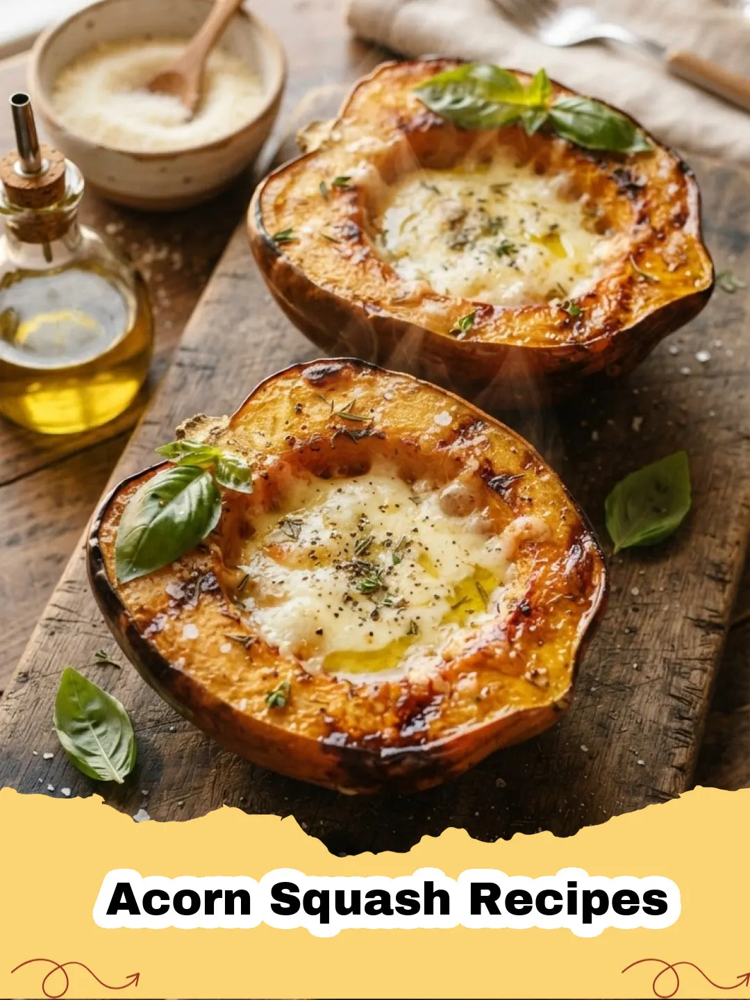 Acorn Squash Recipes - Two halves of beautifully stuffed acorn squash with a savory-sweet filling on a wooden board, garnished with fresh herbs.