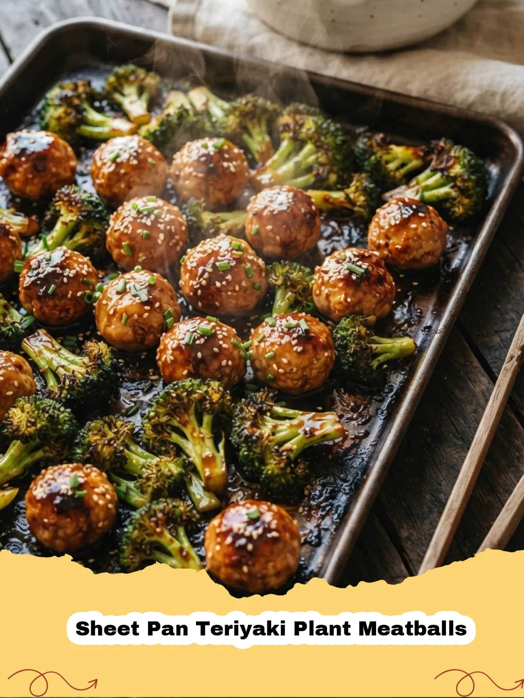 Close-up of Sheet Pan Teriyaki Plant Meatballs with broccoli and bell peppers, garnished with sesame seeds and green onions.