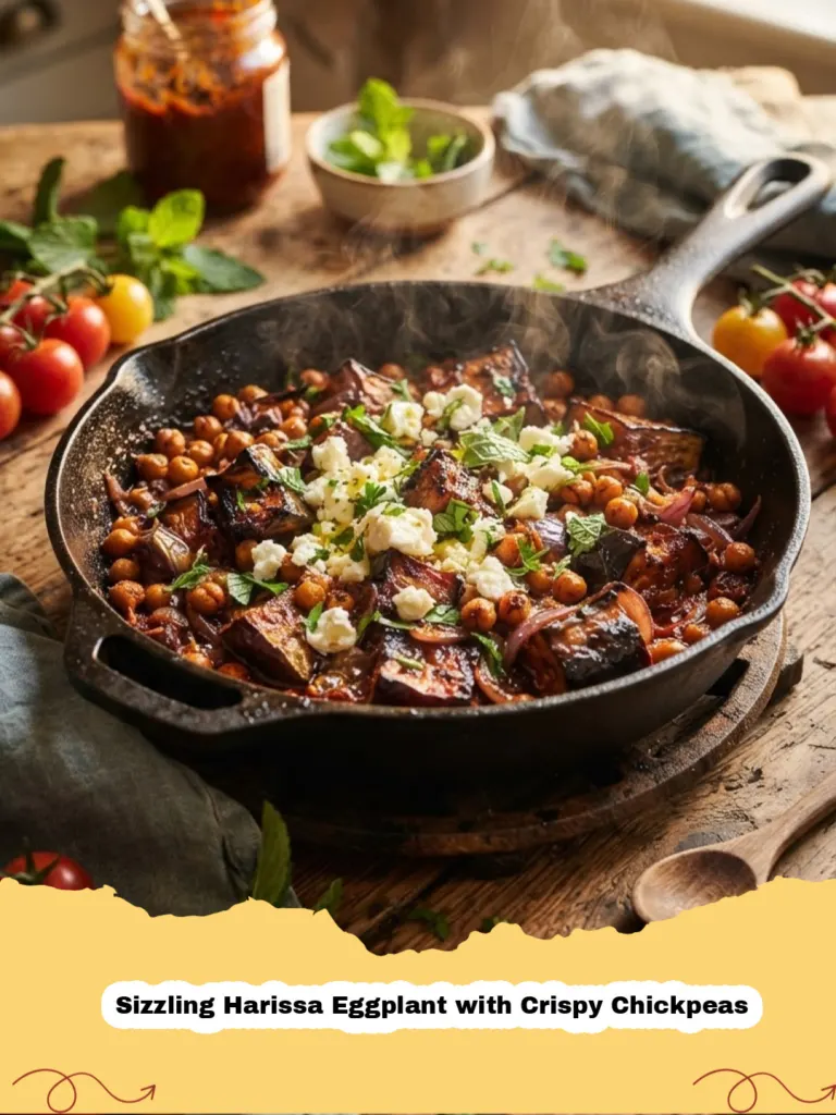 Sizzling Harissa Eggplant with Crispy Chickpeas - Close-up of sizzling harissa eggplant with crispy chickpeas, garnished with fresh cilantro in a rustic bowl.