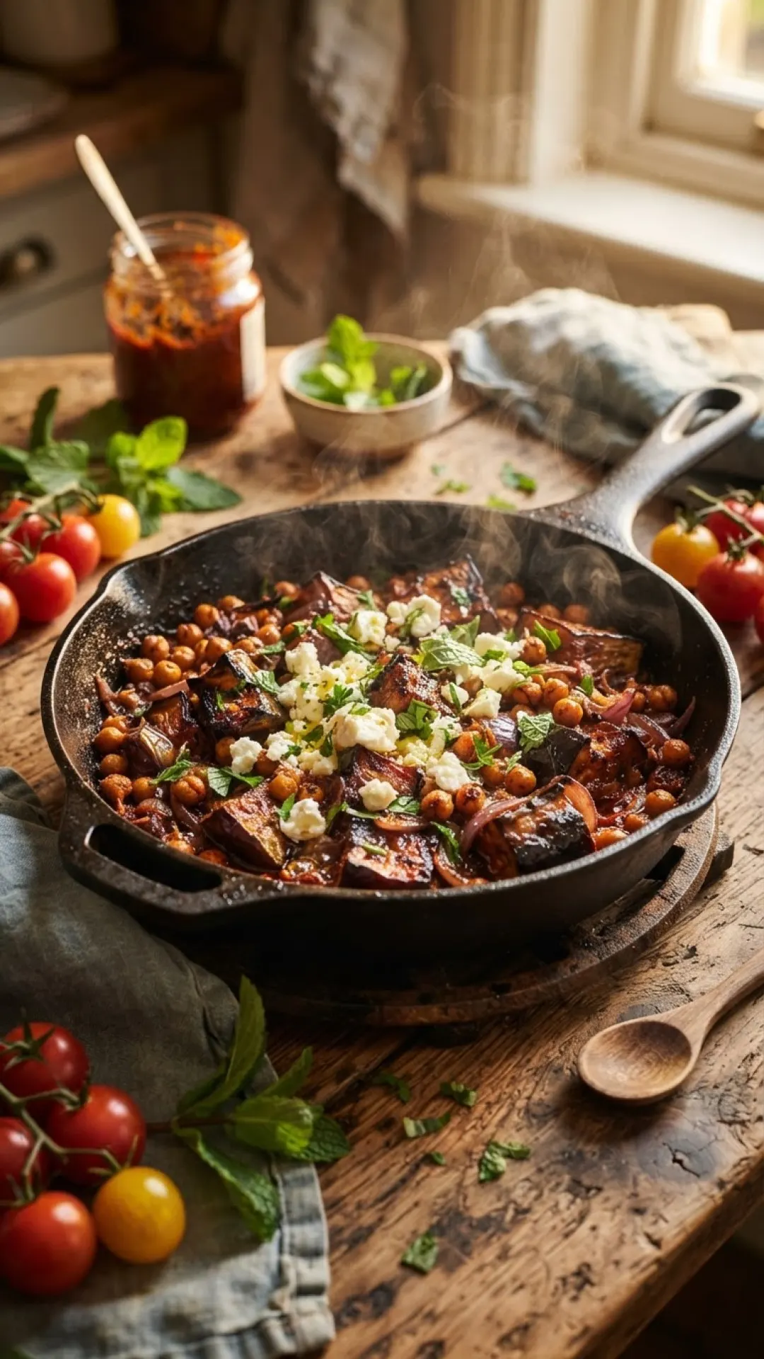 Sizzling Harissa Eggplant with Crispy Chickpeas Preparation