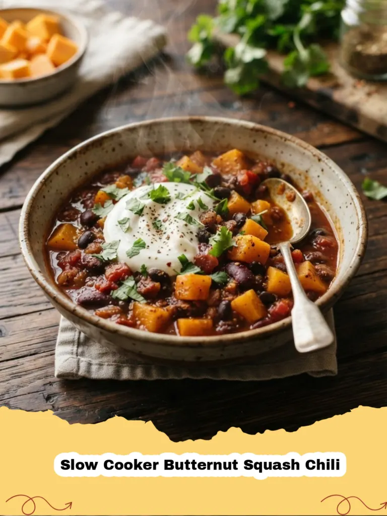 Slow Cooker Butternut Squash Chili - A bowl of warm slow cooker butternut squash chili topped with fresh cilantro and a dollop of sour cream, ready to be enjoyed on a cozy autumn evening.