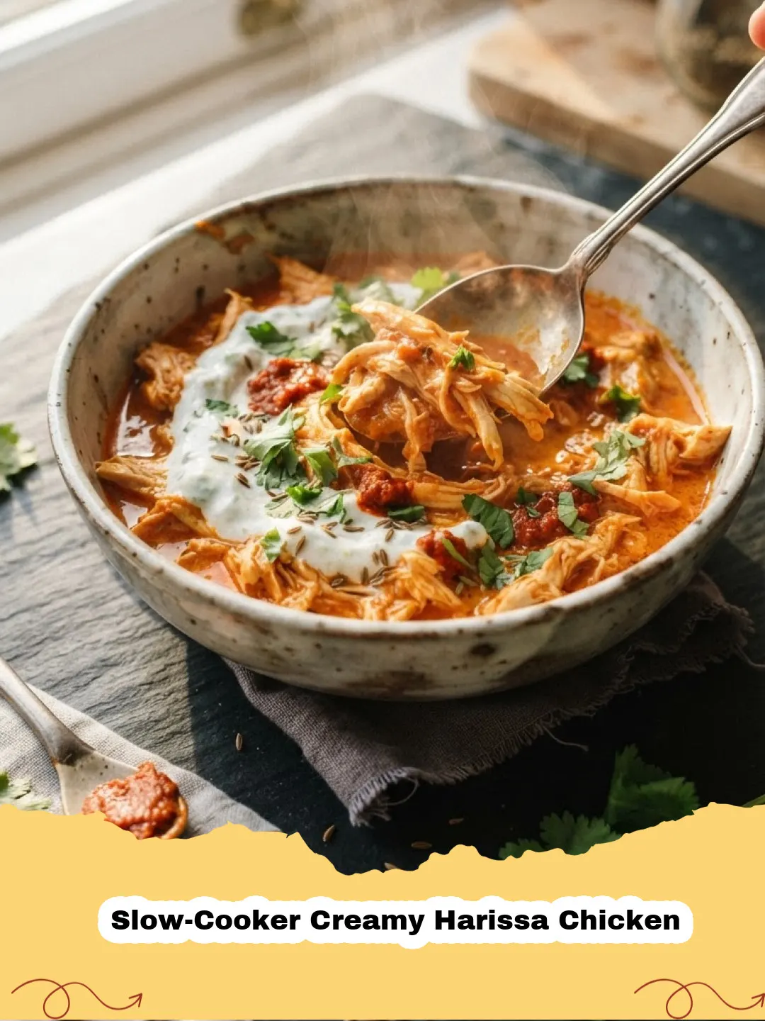 Close-up of Slow-Cooker Creamy Harissa Chicken in a bowl with cilantro, served with rice.