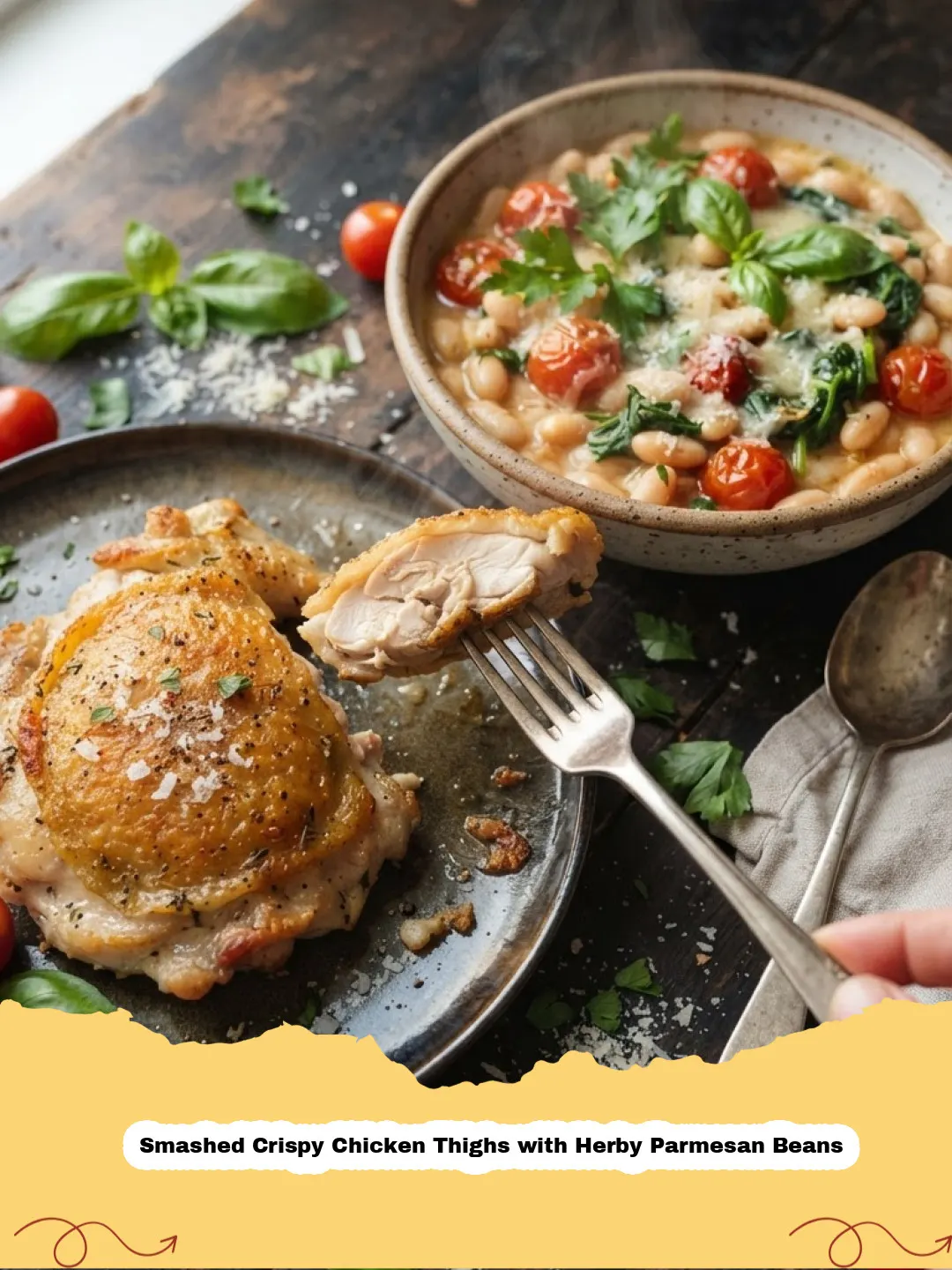 Smashed Crispy Chicken Thighs with Herby Parmesan Beans - Crispy Smashed Chicken Thighs with a side of herby Parmesan cannellini beans, garnished with fresh herbs and lemon wedges.