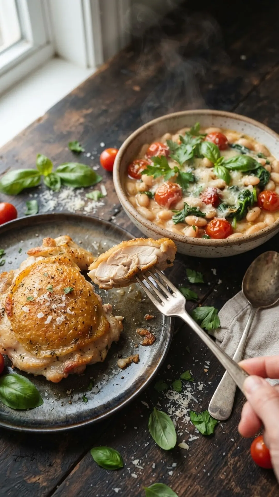 Smashed Crispy Chicken Thighs with Herby Parmesan Beans Preparation