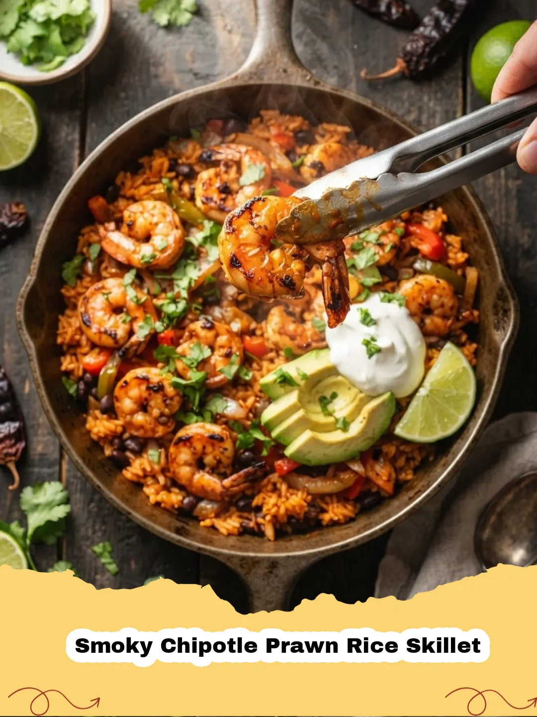 A close-up of a vibrant Smoky Chipotle Prawn Rice Skillet garnished with fresh cilantro and lime wedges.