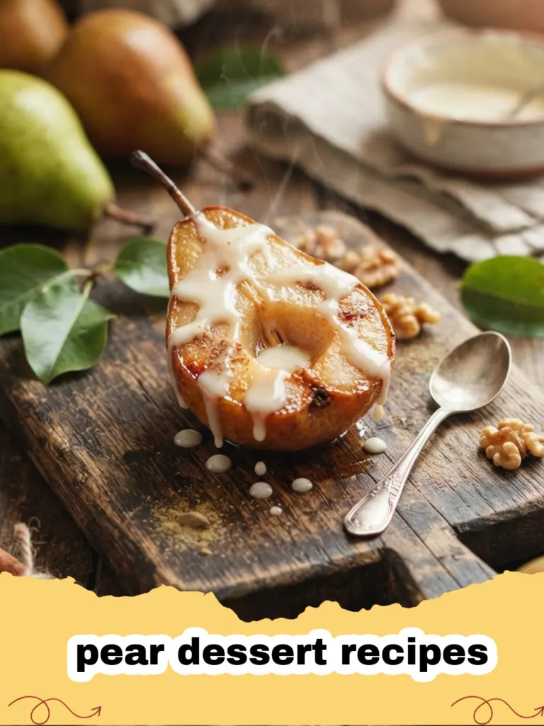 pear dessert recipes - Warm Spiced Pear and Ginger Crumble with a golden oat topping, served in a white bowl with a scoop of melting vanilla ice cream.