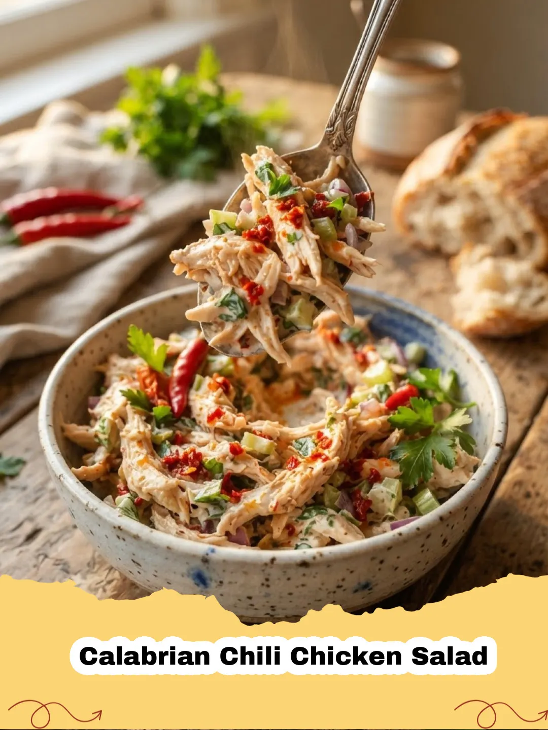 Close-up of a serving of spicy Calabrian Chili Chicken Salad on a piece of toasted bread, garnished with fresh parsley.