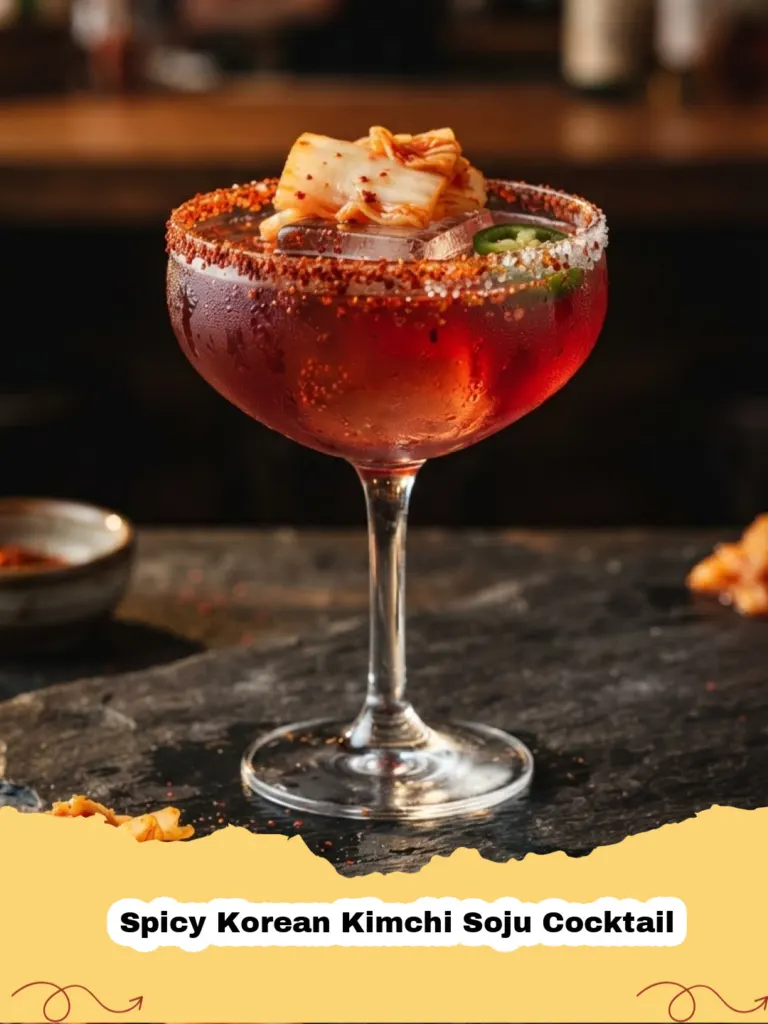 A vibrant red Spicy Korean Kimchi Soju Cocktail garnished with a kimchi spear and lime, on a dark background.
