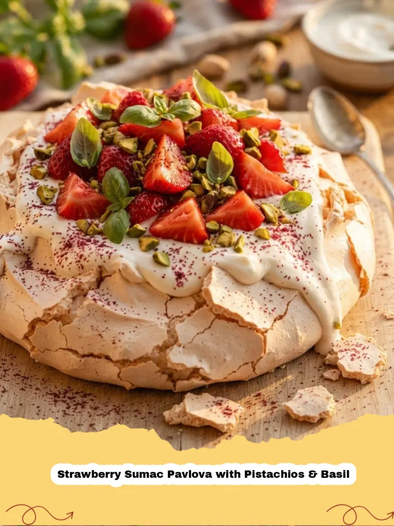 Close-up of Strawberry Sumac Pavlova with Pistachios & Basil on a white cake stand, showcasing crisp meringue, cream, and vibrant toppings.