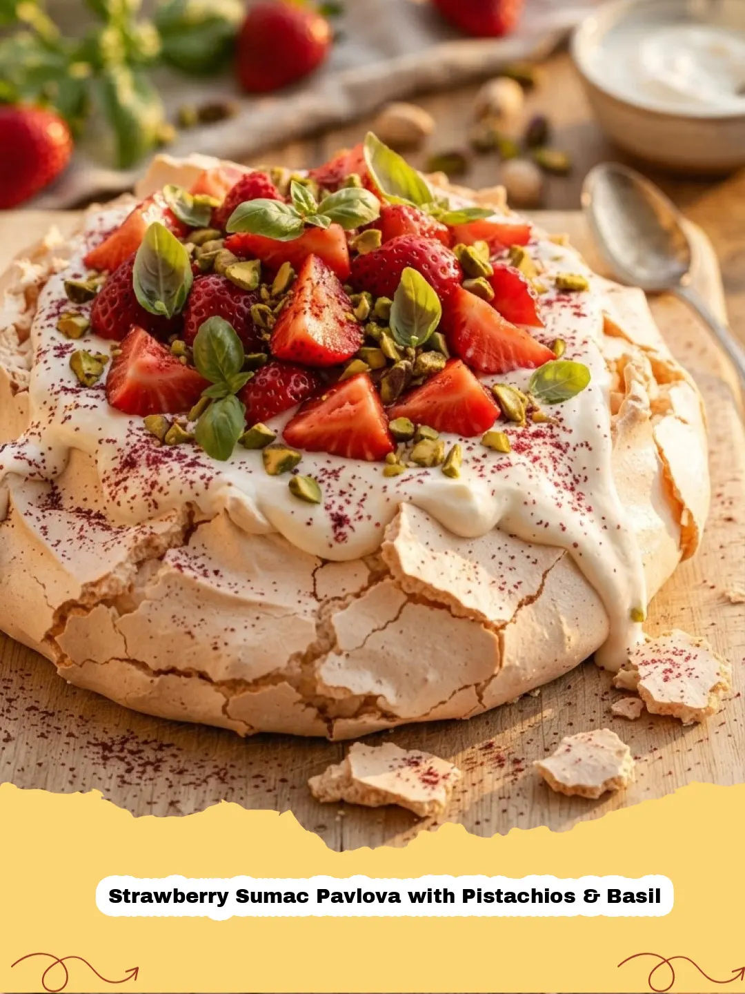 Close-up of Strawberry Sumac Pavlova with Pistachios & Basil on a white cake stand, showcasing crisp meringue, cream, and vibrant toppings.