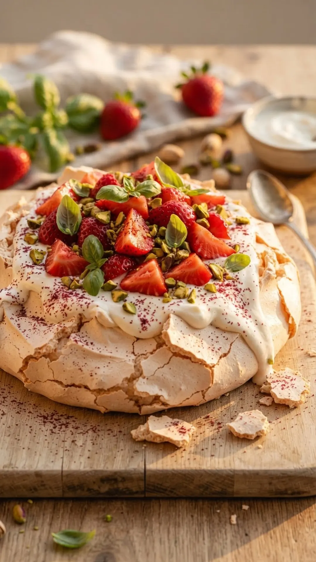 Strawberry Sumac Pavlova with Pistachios & Basil Preparation