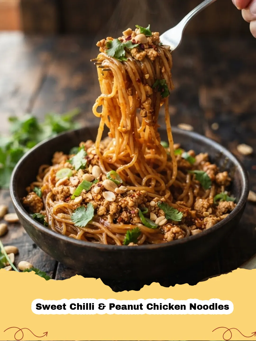 A vibrant bowl of Sweet Chilli & Peanut Chicken Noodles with chopsticks hovering over it, showing tender chicken, colorful vegetables, and rich sauce.