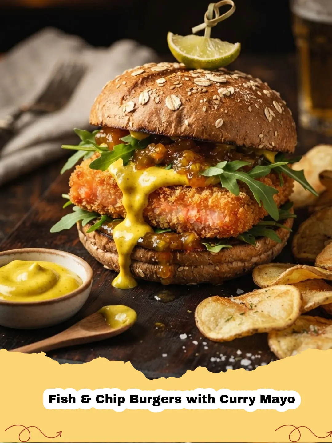 Fish & Chip Burgers with Curry Mayo - Close-up of a Fish and Chip Burger with Curry Mayo, showing crispy golden fish, fresh lettuce, red onion, and creamy yellow curry mayo on a toasted brioche bun.