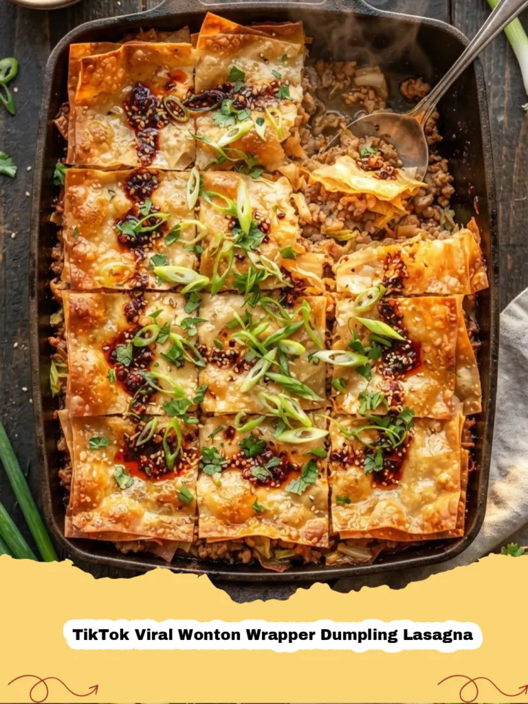 Close-up of a bubbling TikTok Viral Wonton Wrapper Dumpling Lasagna in a baking dish, garnished with fresh basil.