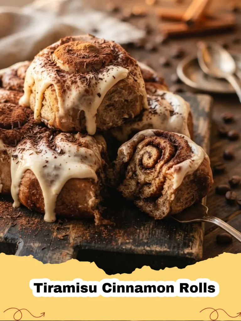 Warm Tiramisu Cinnamon Rolls topped with creamy mascarpone frosting and a dusting of cocoa powder, arranged in a baking dish.
