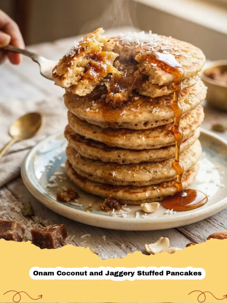 Onam Coconut and Jaggery Stuffed Pancakes arranged beautifully on a plate, garnished with fresh coconut flakes.