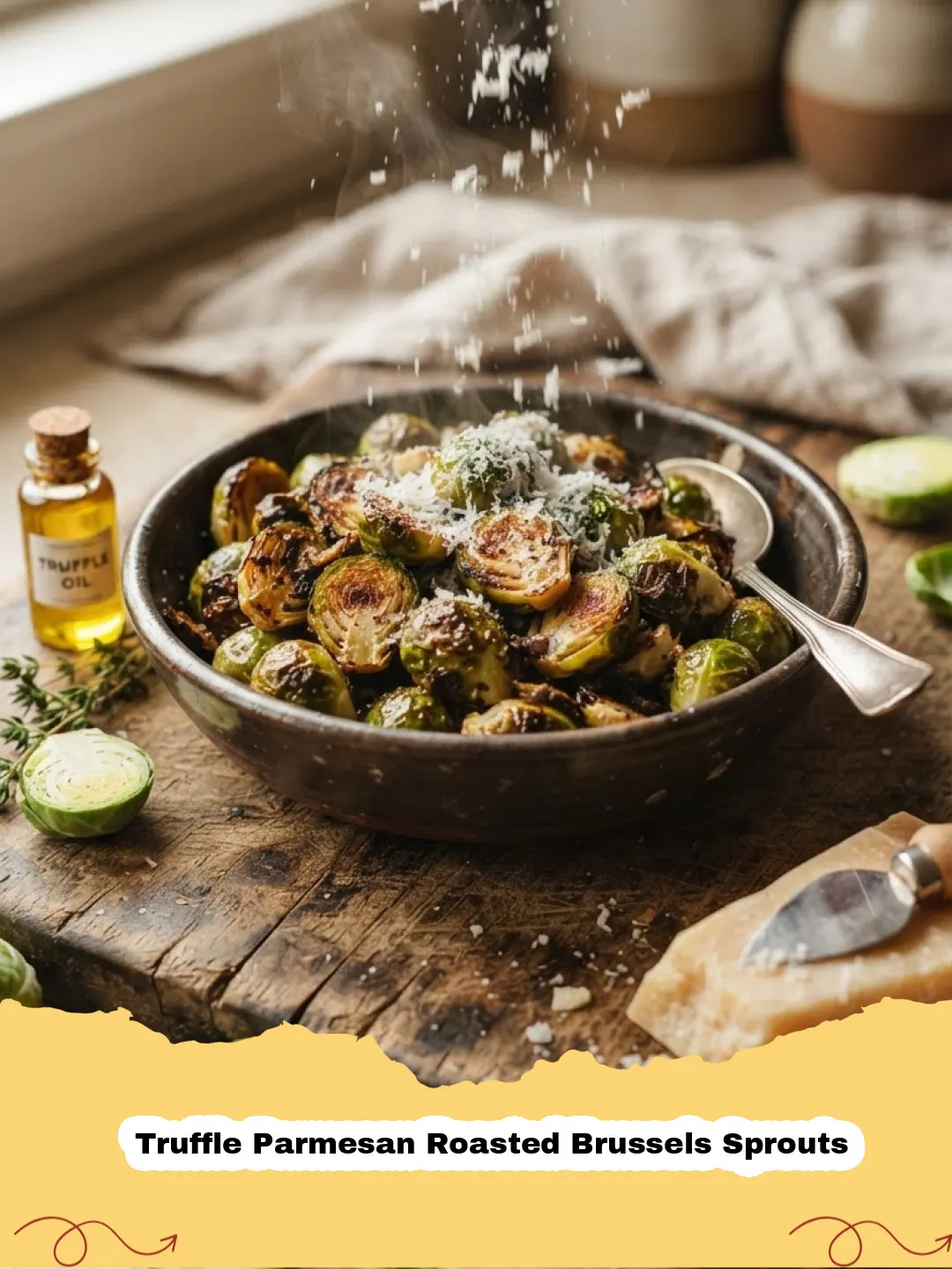 Close-up of perfectly roasted Truffle Parmesan Roasted Brussels Sprouts with crispy edges, grated Parmesan, and a glossy truffle oil sheen.
