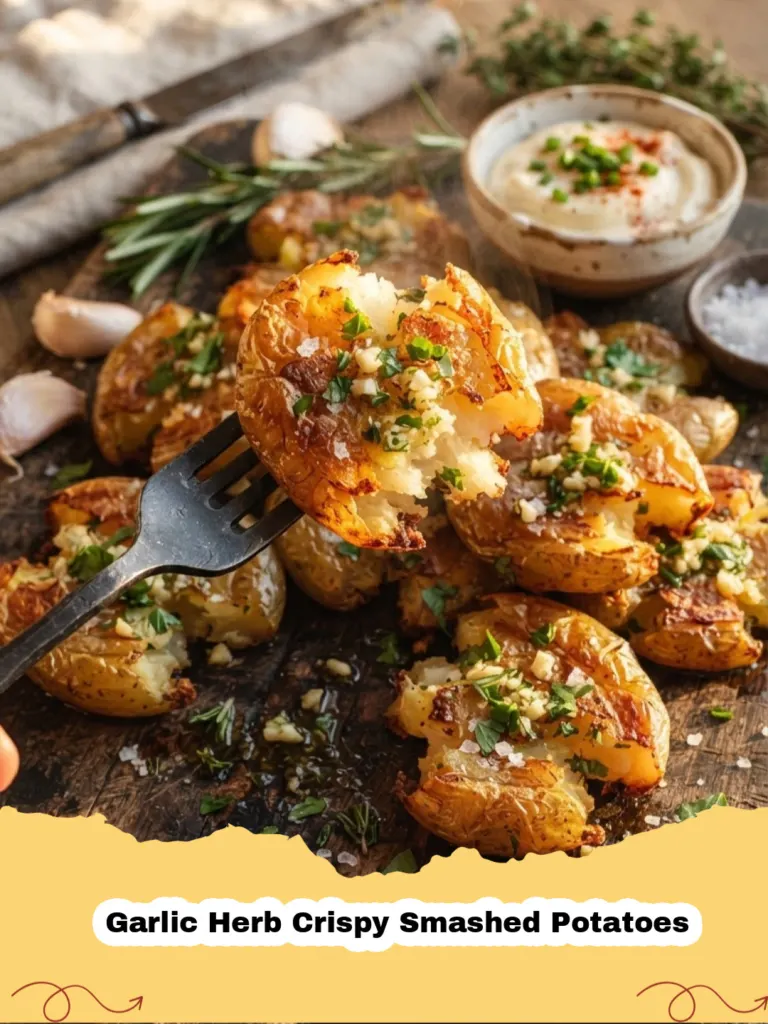 Close-up of golden-brown Garlic Herb Crispy Smashed Potatoes garnished with fresh rosemary and parsley on a white platter.