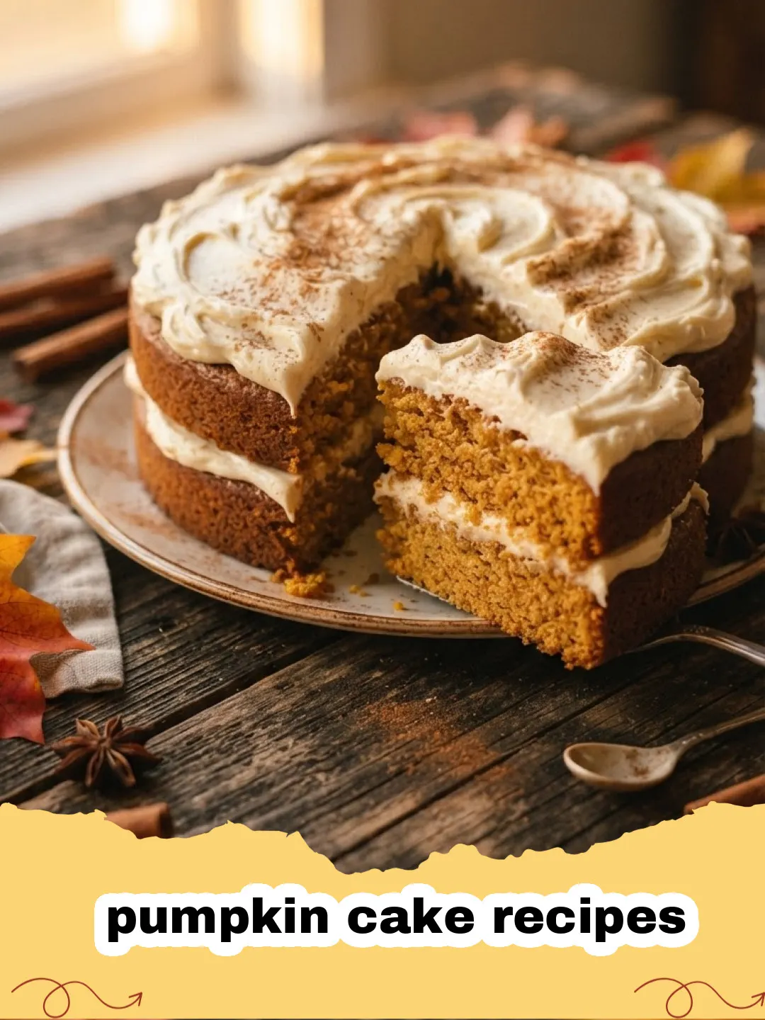 pumpkin cake recipes - Slice of moist pumpkin cake with cream cheese frosting on a white plate, garnished with a sprinkle of cinnamon.
