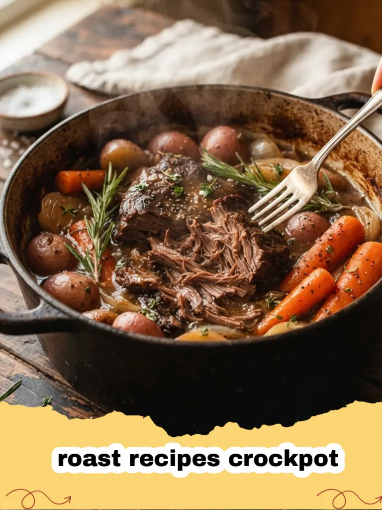 roast recipes crockpot - A tender, slow-cooked pot roast with carrots and potatoes in a crockpot.