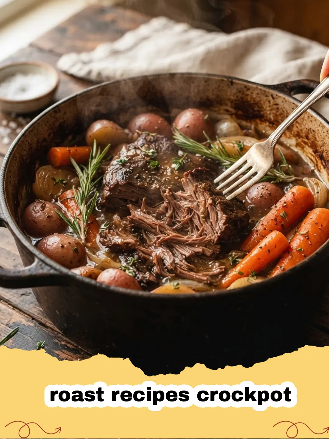 roast recipes crockpot - A tender, slow-cooked pot roast with carrots and potatoes in a crockpot.