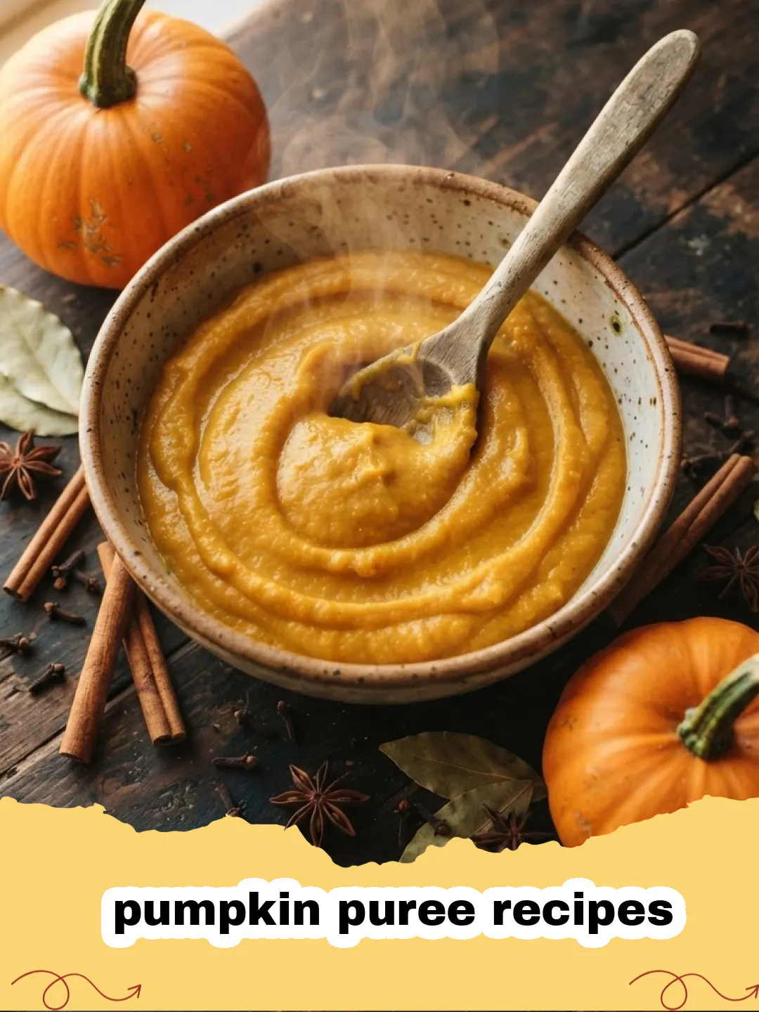Slice of moist spiced pumpkin bread on a wooden board with a cup of coffee and autumn leaves, representing cozy pumpkin puree recipes.