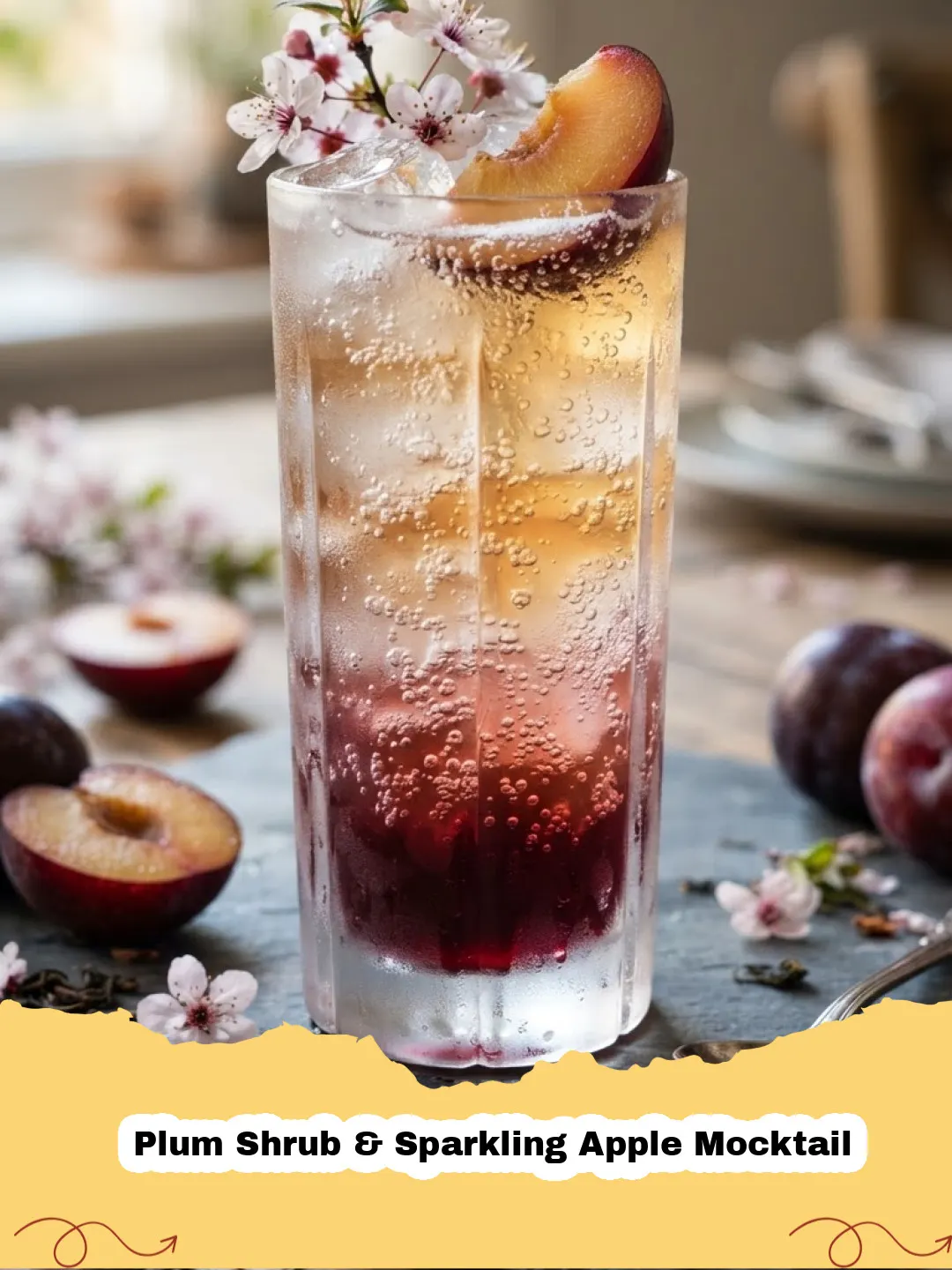 Close-up of a Plum Shrub & Sparkling Apple Mocktail with ice, plum slices, and a mint sprig, showing its vibrant red color.