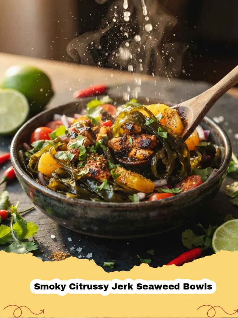 Smoky Citrussy Jerk Seaweed Bowls - A beautifully arranged Smoky Citrussy Jerk Seaweed Bowl with rice, avocado, plantains, and colorful vegetables.