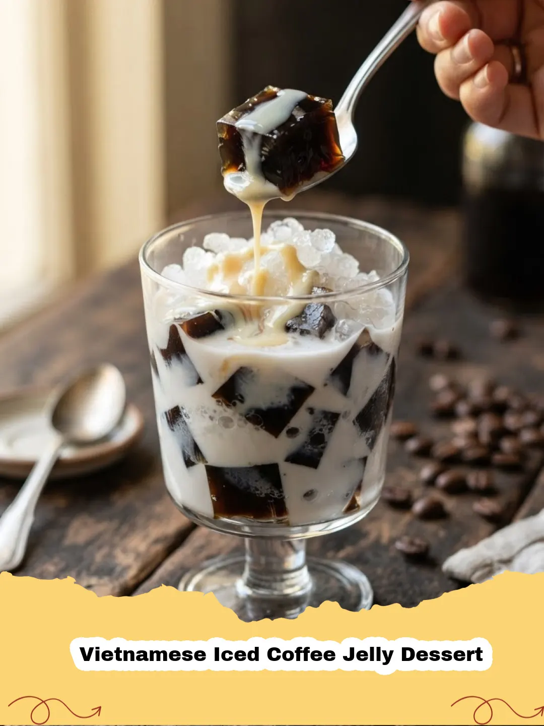 Close-up of Vietnamese Iced Coffee Jelly Dessert in a clear glass, showing firm coffee jelly cubes, creamy condensed milk, and ice, garnished with a sprig of mint.