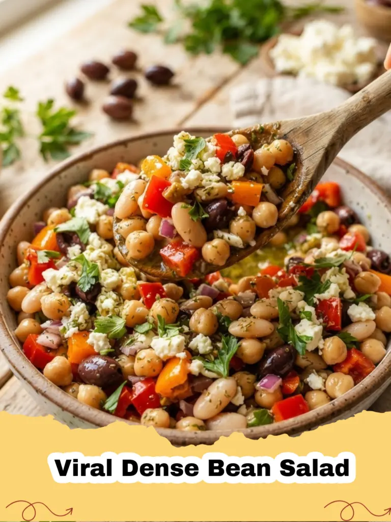 A vibrant bowl of Viral Dense Bean Salad with mixed beans, corn, peppers, and herbs.