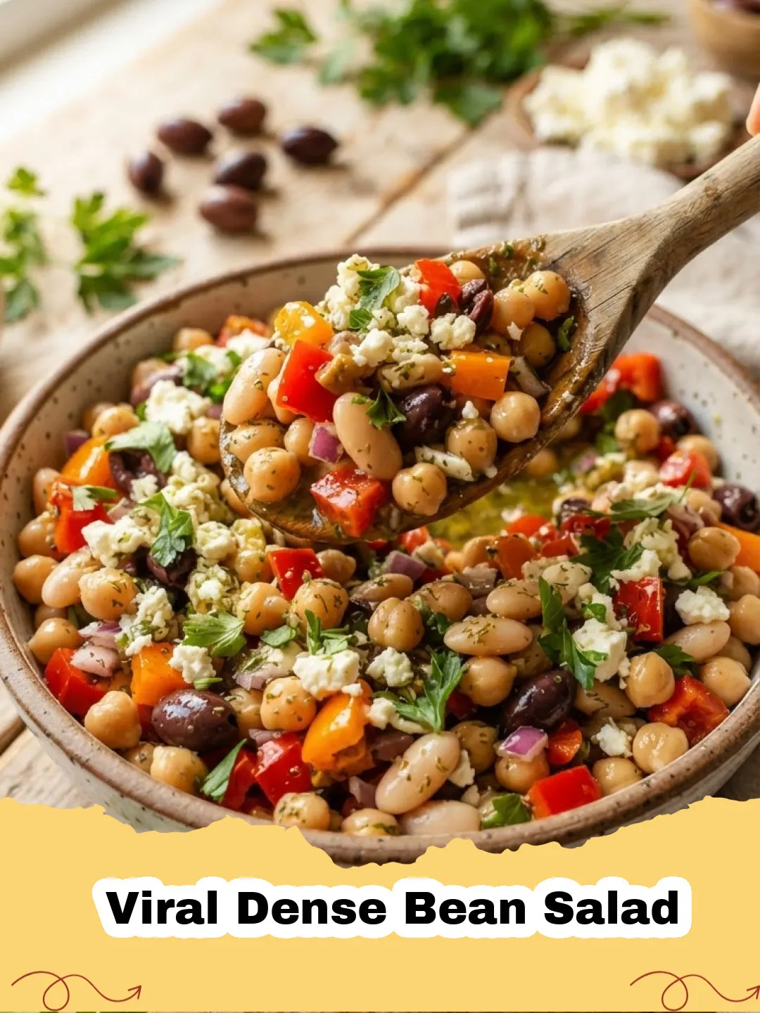 A vibrant bowl of Viral Dense Bean Salad with mixed beans, corn, peppers, and herbs.