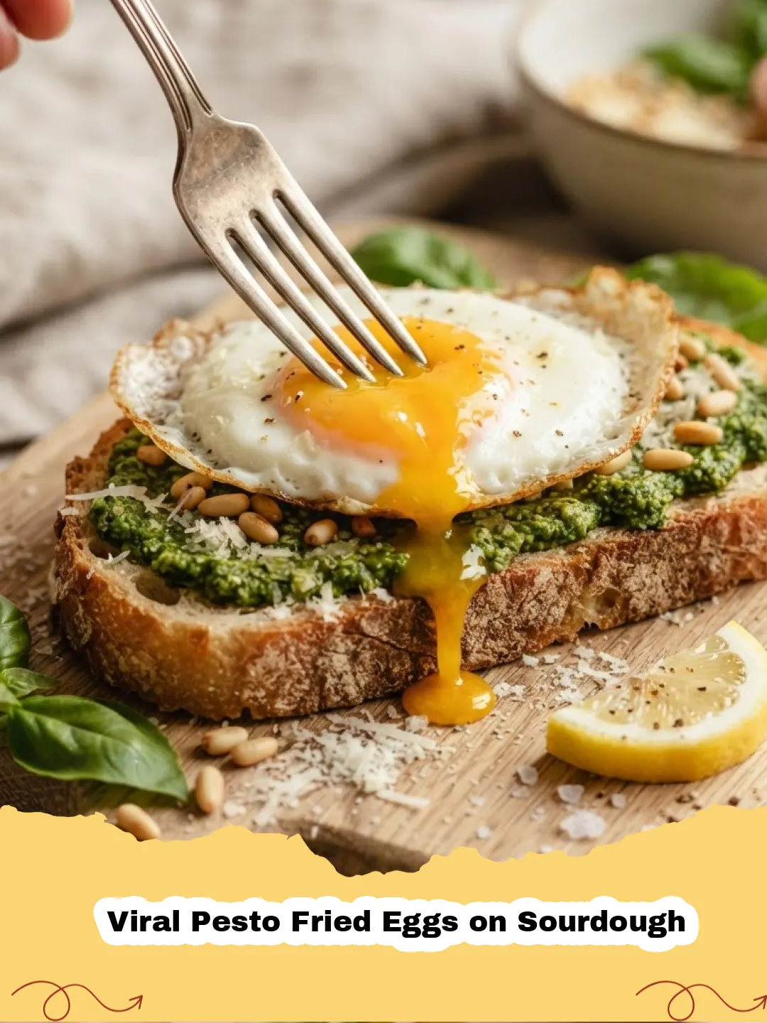 Viral Pesto Fried Eggs on Sourdough - Close-up of a perfectly cooked viral pesto fried egg on toasted sourdough bread with a runny yolk and crispy pesto edges, garnished with fresh basil.